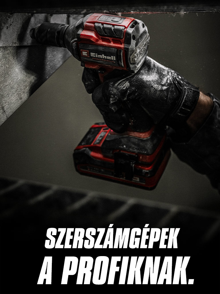 Egy kéz egy piros akkus ütvecsavarkulcsot tart, amelyet egy fémgerendán használnak, „Több erő a profiknak.” felirattal.