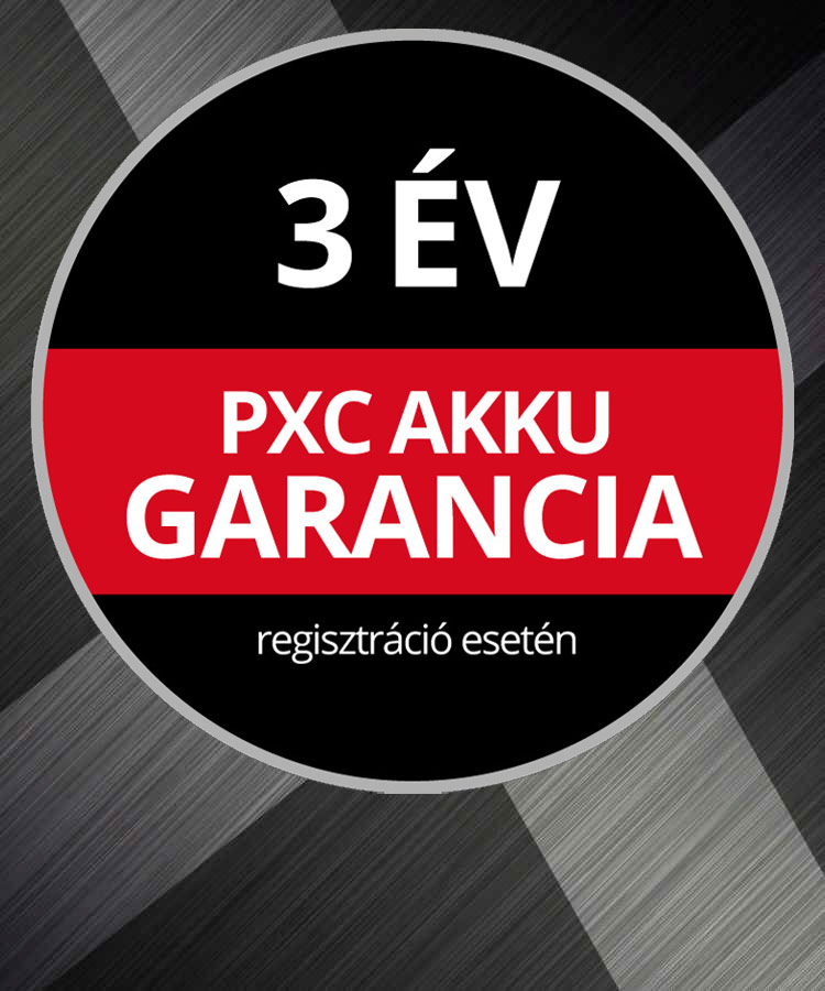 Kerek garancia logó fekete-piros alapon "3 év akkugarancia, regisztráció esetén" szöveggel.