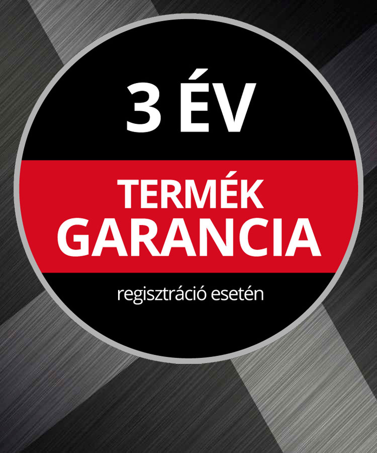 Kerek garancia logó fekete-piros alapon "3 év termékgarancia, regisztráció esetén" szöveggel.