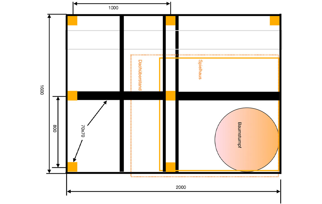 Construction plan of the playhouse platform with measurements, tree stump position, and marked playhouse area.