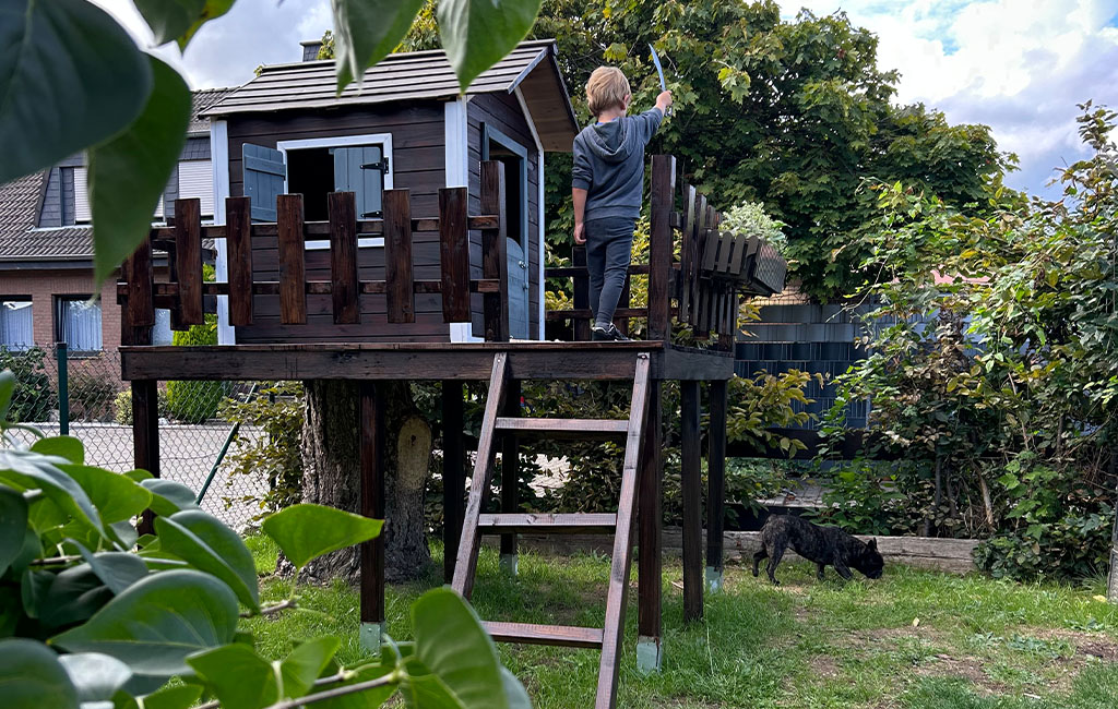 A boy stands on a raised playhouse with a wooden railing, holding a toy sword. A dog walks below on the grass.