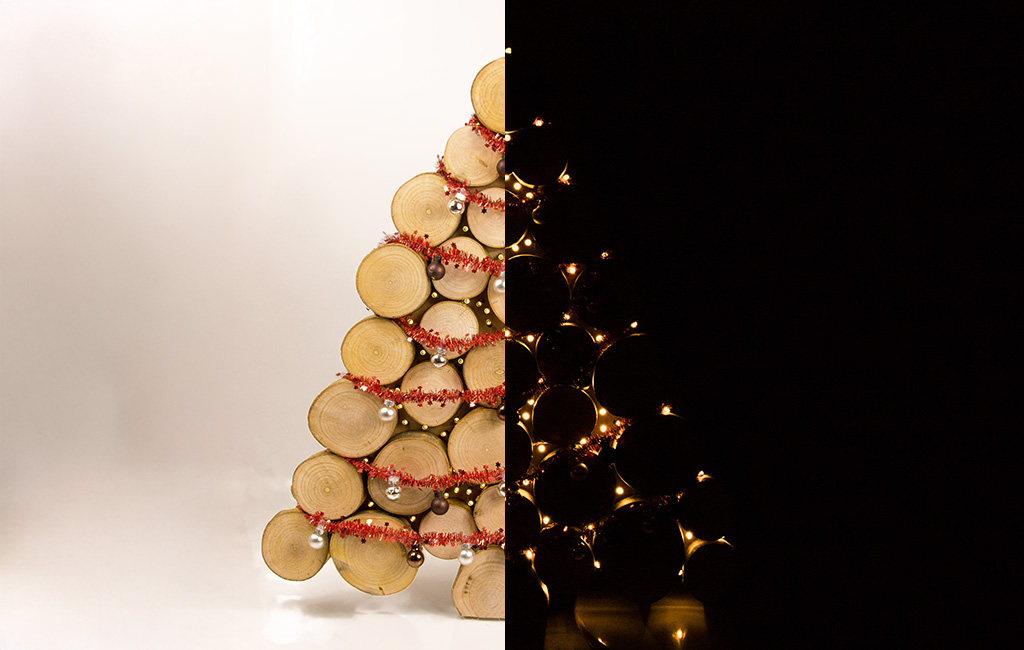 Left side shows the wooden disc Christmas tree in daylight, right side shows it lit up in the dark.