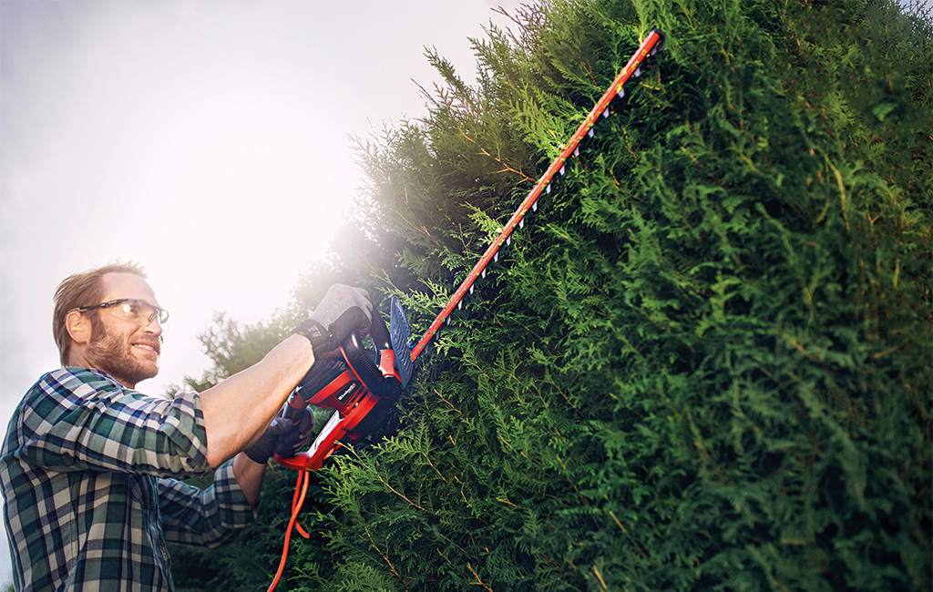 A man using the hedge trimmer for his bush.